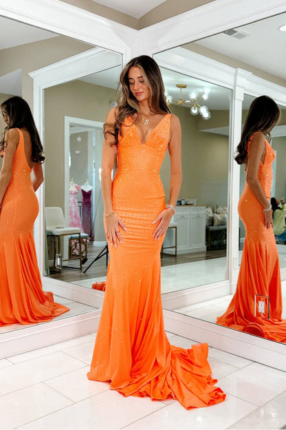 Mermaid V Neck Orange Satin Prom Dresses with Beadings LD16012706