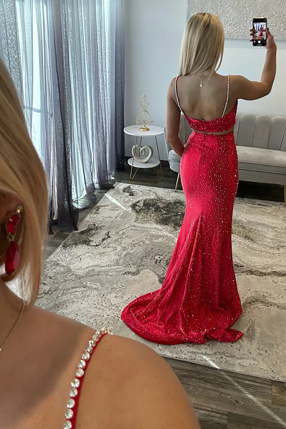 Red Two Piece Satin Beaded Long Prom Dresses with Slit LD16011201
