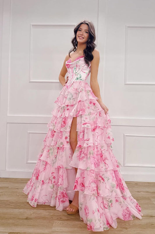 Cute A Line Sweetheart Pink Floral Chiffon Long Prom Dress with Slit LD16122907