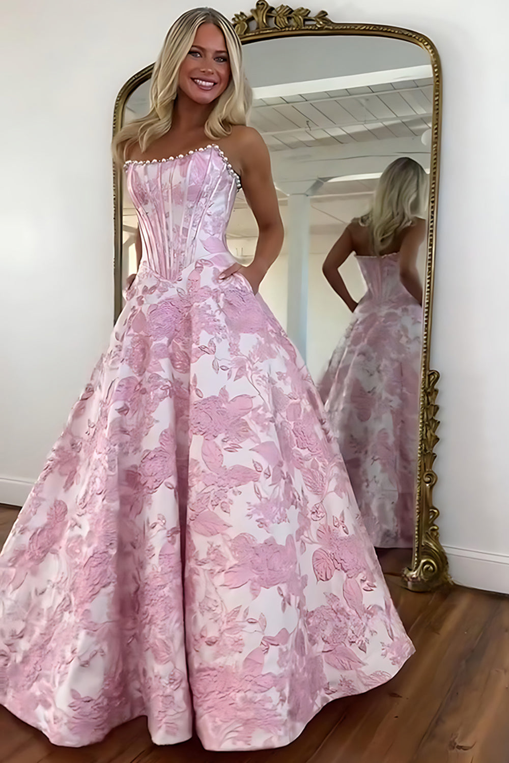 Cute A-Line Strapless Jacquard Satin Purple Flower Long Prom Dresses with Bow LD26011903