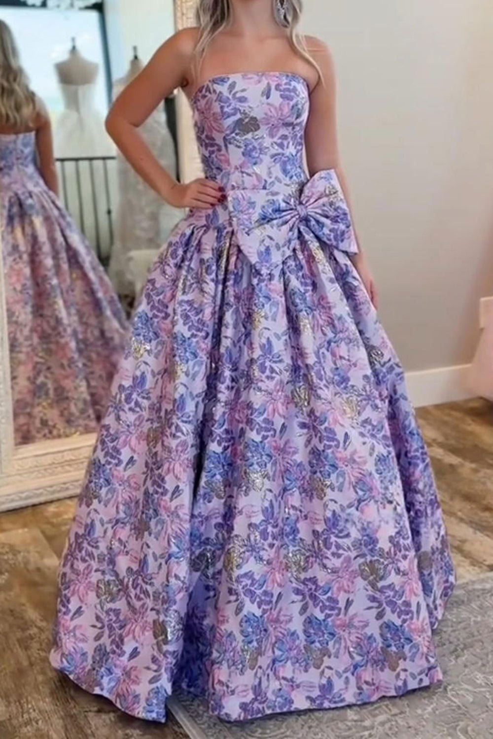 Cute A-Line Strapless Jacquard Satin Purple Flower Long Prom Dresses with Bow LD26011903