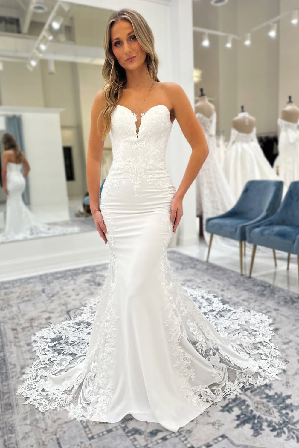 Charming Mermaid V Neck Satin Wedding Dress with Appliques LD15121801