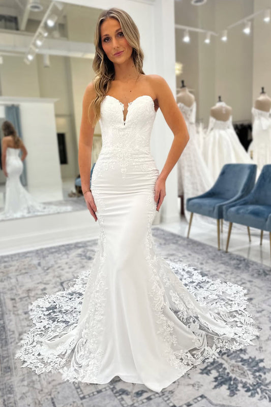 Charming Mermaid V Neck Satin Wedding Dress with Appliques LD15121801