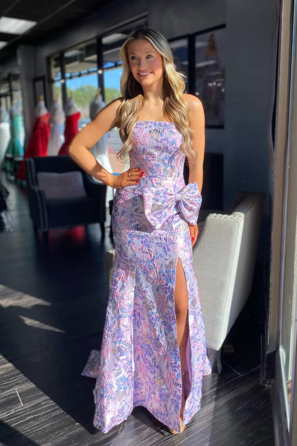 Mermaid Strapless Lavender Jacquard Satin Prom Dress with Slit LD16122804