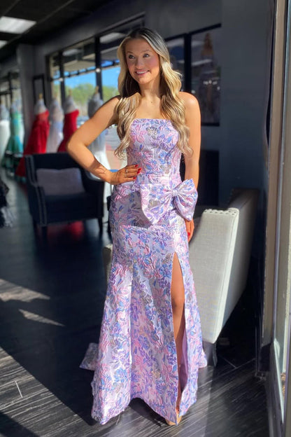 Mermaid Strapless Lavender Jacquard Satin Prom Dress with Slit LD16122804