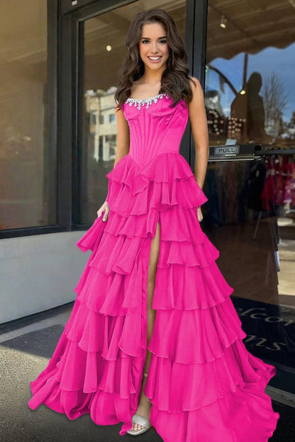 Charming A-Line Strapless Green Chiffon Tiered Long Prom Dresses with Slit  LD16010602