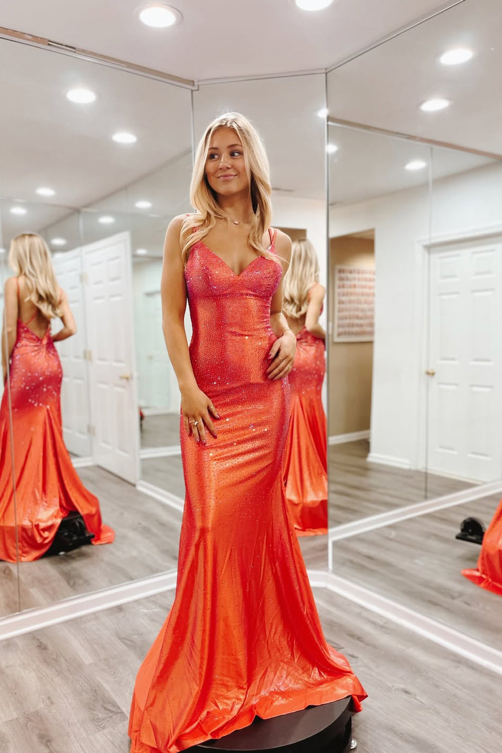 Mermaid V Neck Orange Satin Long Prom Dresses with Slit LD16012003