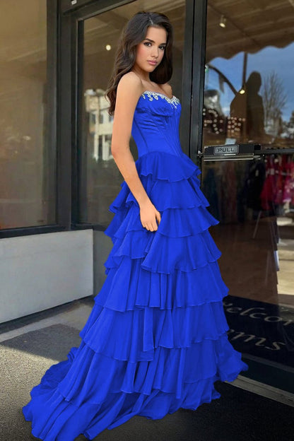 Charming A-Line Strapless Green Chiffon Tiered Long Prom Dresses with Slit  LD16010602