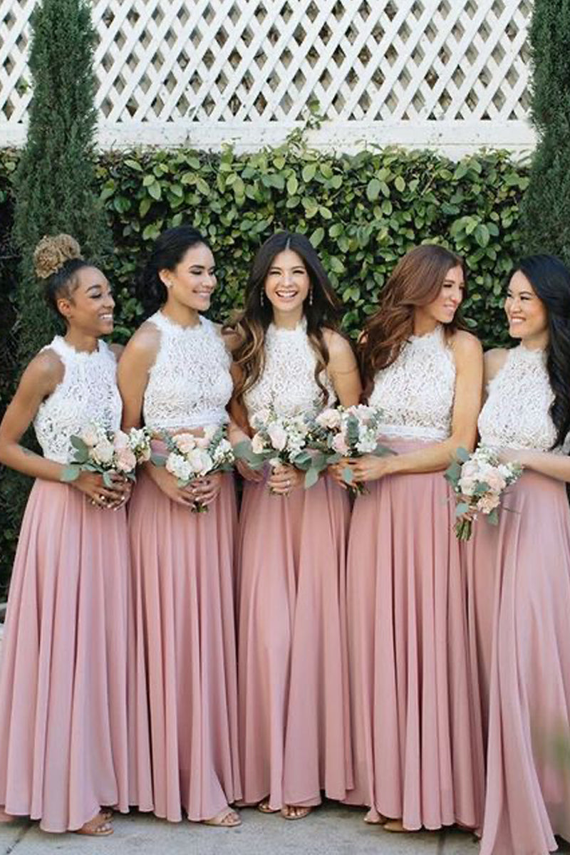 Two-Piece Lace and Chiffon Long Bridesmaid Dress for Beach Weddings