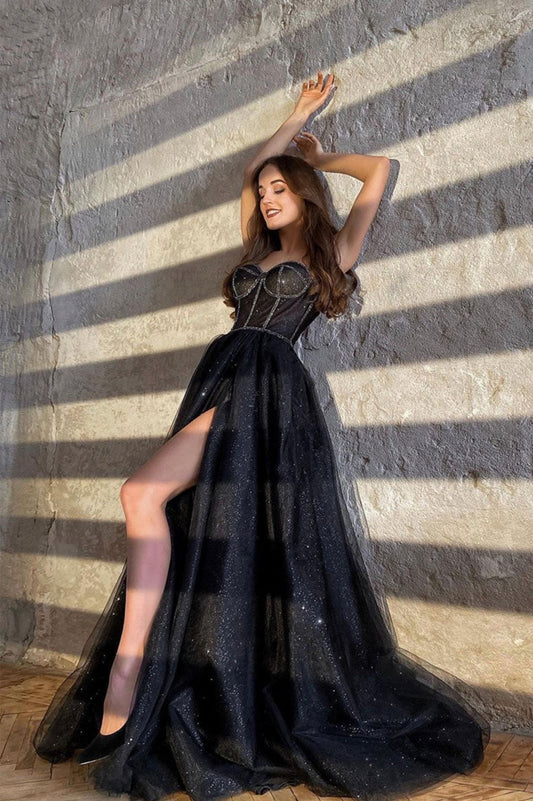 Zendaya | Black Shiny Tulle Floor-Length Prom Dress with Slit