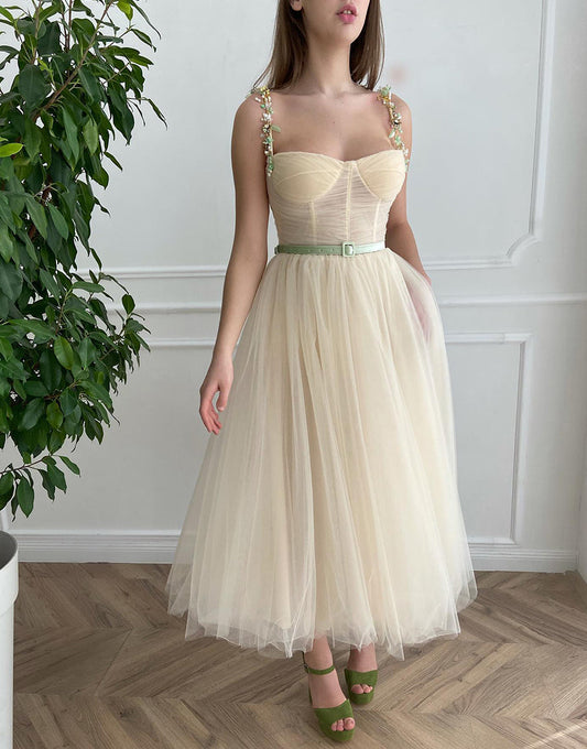 Ally | Apricot Beaded Spaghetti Strap Homecoming Dress