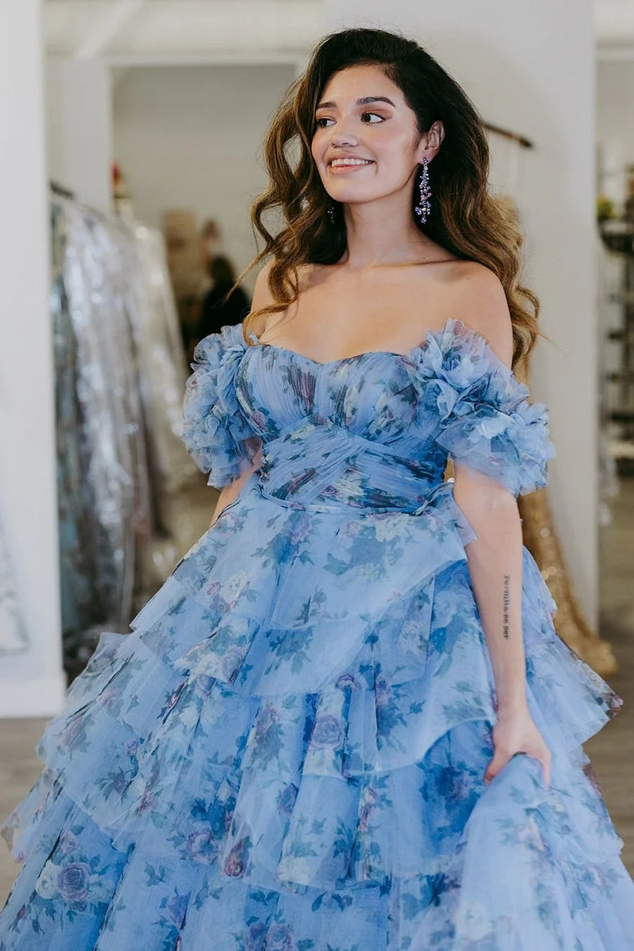 Cute Blue Floral Tiered Prom Dress with Ruffles LD062554