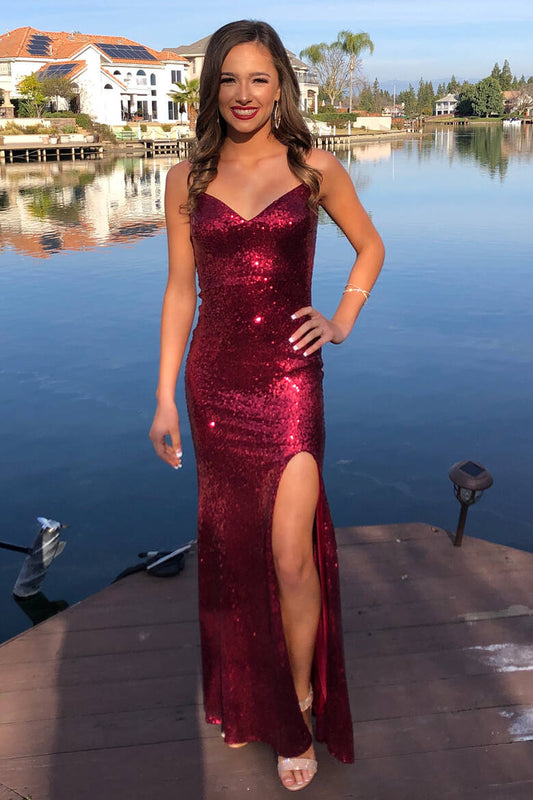 Glittery V-Neck Burgundy Mermaid Long Prom Dress with Slit