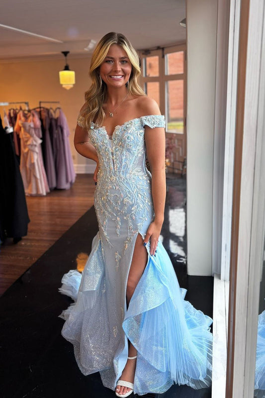 Elegant Off-the-Shoulder Light Blue Satin Mermaid Prom Dress with Sequin Appliques