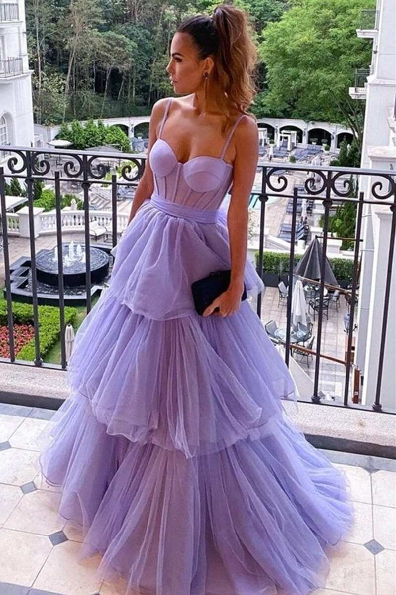 Kaylee | A-Line Long Tulle Prom Dress with Tiered Ruffles