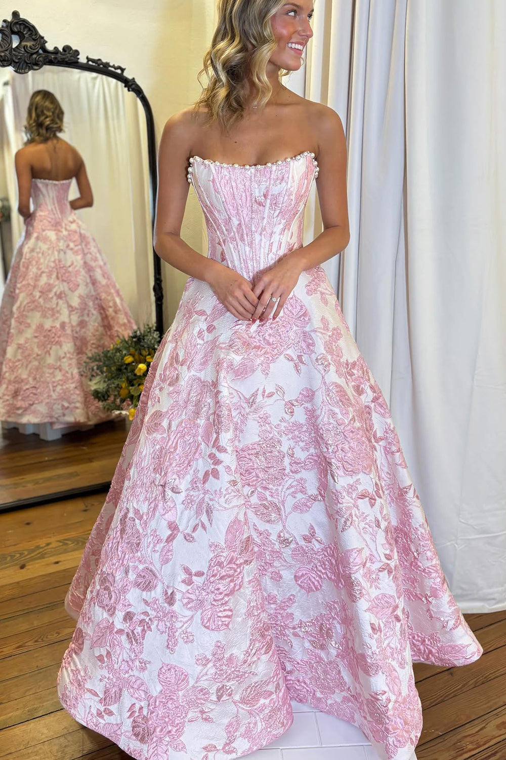 Cute A Line Scoop Neck Jacquard Satin Prom Dress with Pearls LD25122903