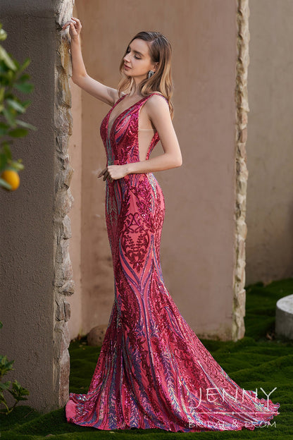 Elegant Dark Red Mermaid Sequins Deep V-Neck Prom Dress with Appliques