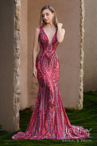 Elegant Dark Red Mermaid Sequins Deep V-Neck Prom Dress with Appliques