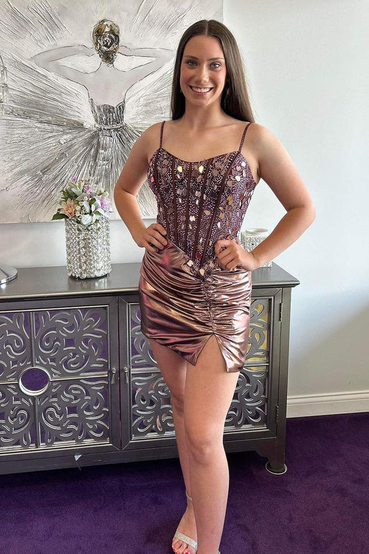 Cute Bodycon Sweetheart Brown Sparkly Satin Short Homecoming Dress with Beading LD0625126