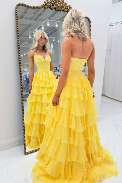 A-Line Strapless Sweetheart Yellow Chiffon Tiered Long Prom Dresses with Bow LD16012506