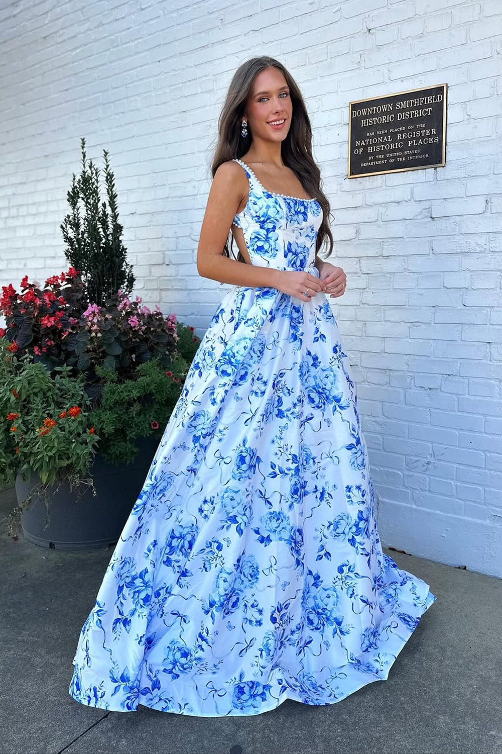 A-Line Square Neck Blue Floral Printed Satin Long Prom Dresses with Pearls LD16012001
