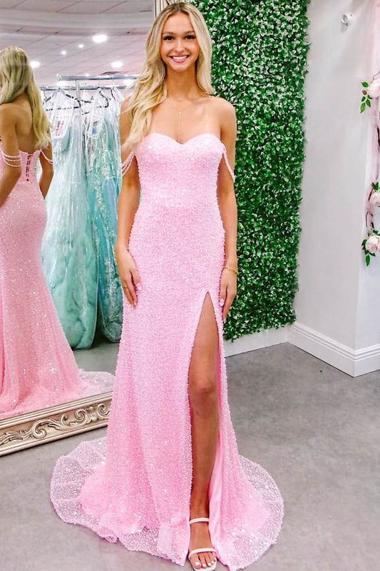Mermaid Off the Shoulder Pink Sequins Long Prom Dresses with Slit LD16011303