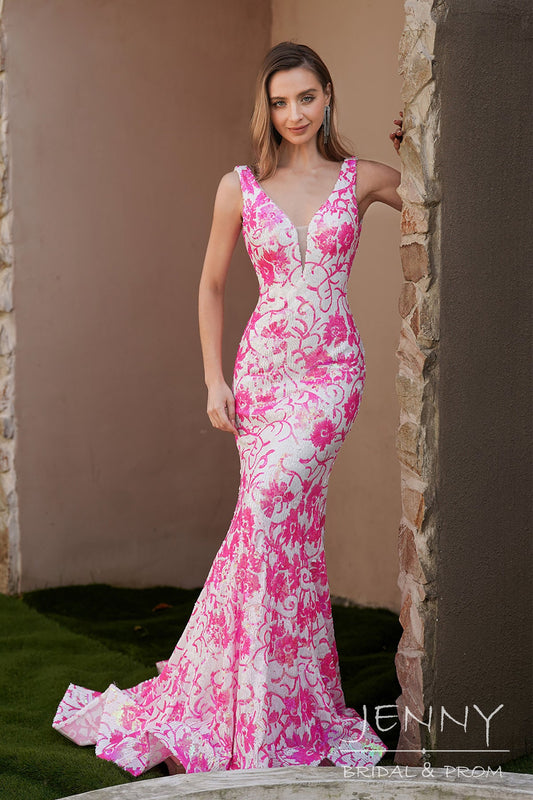 Elegant Pink and White Sequins Mermaid Prom Dress with Scalloped Hem and Appliques