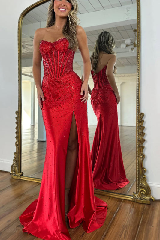 Mermaid Sweetheart Red Hot Fix Satin Prom Dress with Slit LD16010101