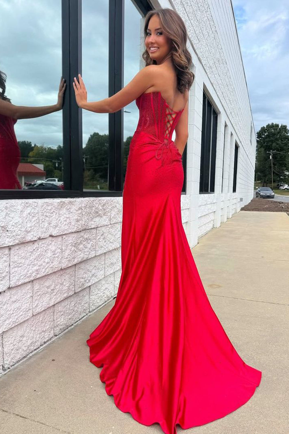 Mermaid Sweetheart Red Hot Fix Satin Prom Dress with Slit LD16010101