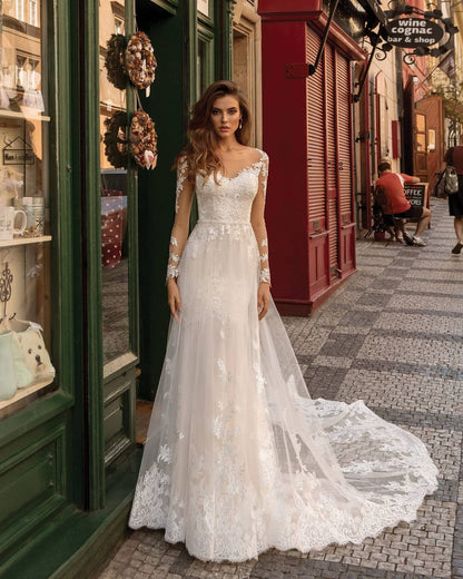 Modern Ivory Lace Mermaid Wedding Dress with Long Sleeves