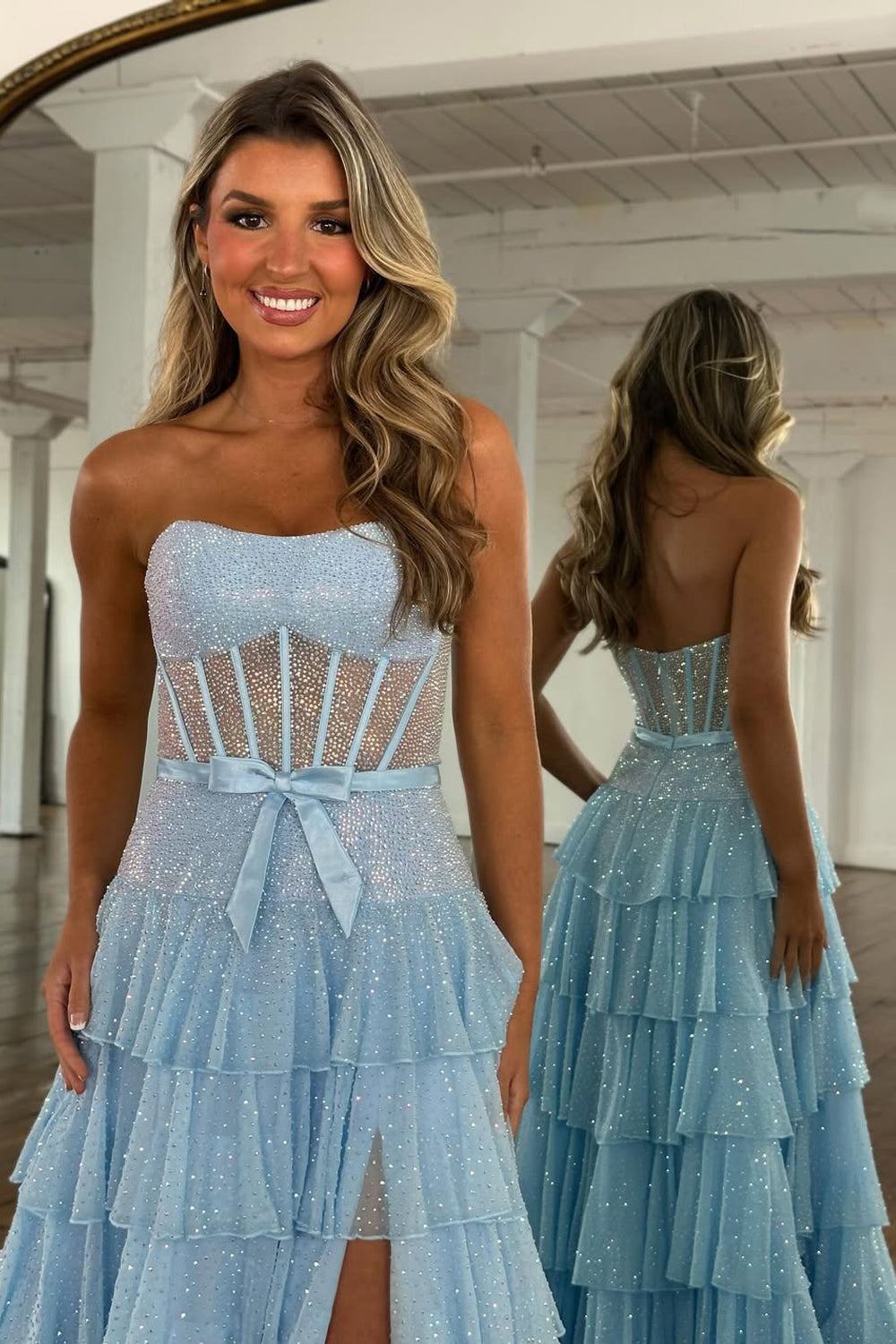 A-Line Strapless Lilac Ruffle Tiered Beaded Long Prom Dresses with Slit LD16012709