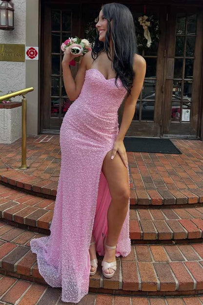 Mermaid Sweetheart Pink Sequins Long Prom Dresses with Slit LD16011310