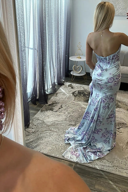 Mermaid Strapless Blue Floral Printed Satin Ruffled Long Prom Dresses with Slit LD16010710