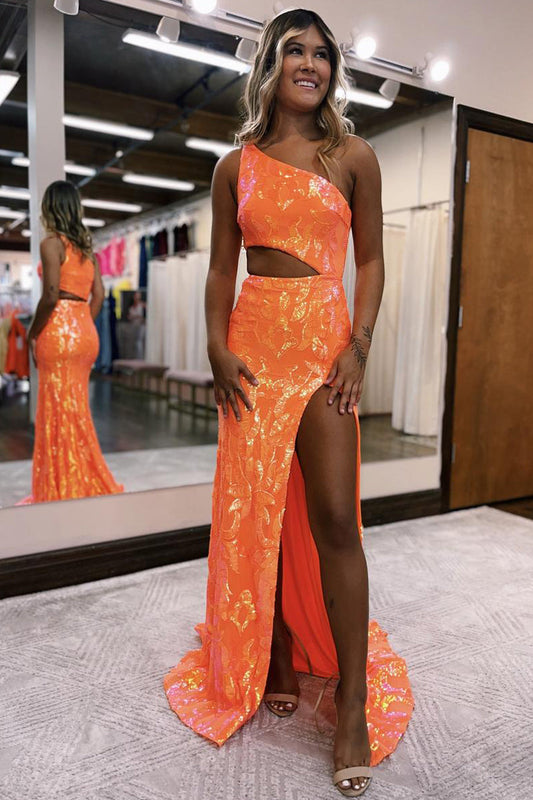 Cute Mermaid One Shoulder Orange Sequins Long Prom Dresses with Slit LD070820