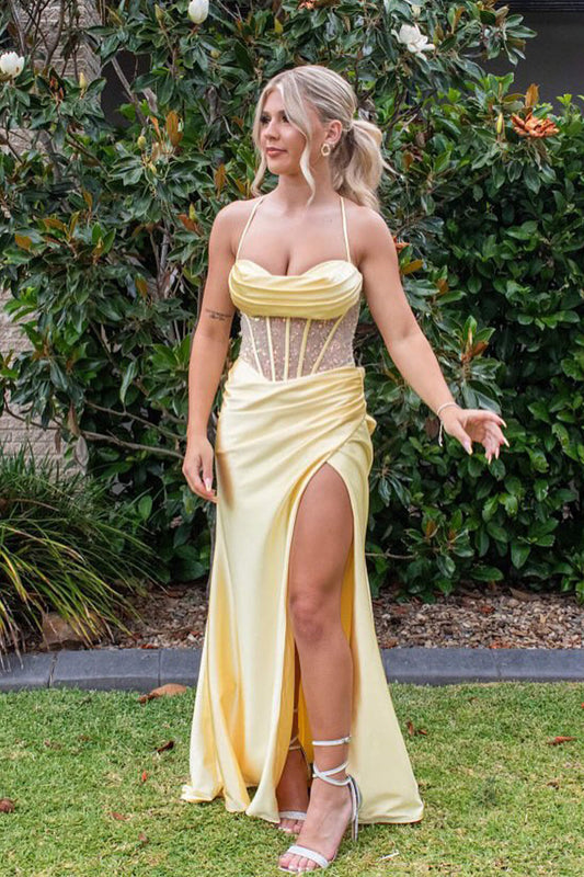 Cute Mermaid Sweetheart Yellow Prom Dress with Cross Back