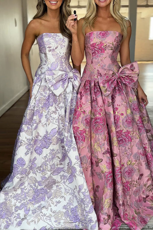 Cute A-Line Strapless Jacquard Satin Purple Flower Long Prom Dresses with Bow LD26011903