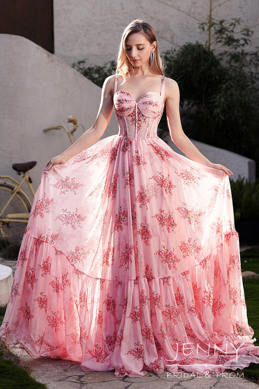 Romantic Blush Powder A-Line Chiffon Illusion Prom Dress with Appliques