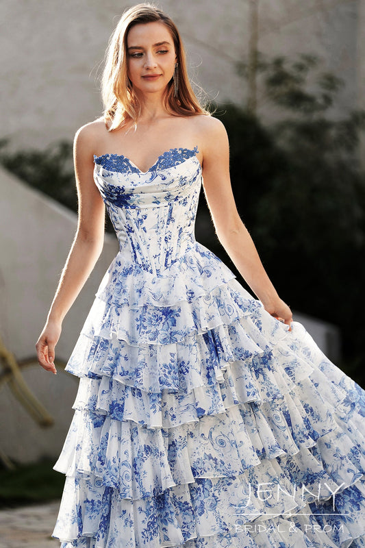 Romantic Blue A-Line Off-the-Shoulder Tiered Tulle Prom Dress with Slit