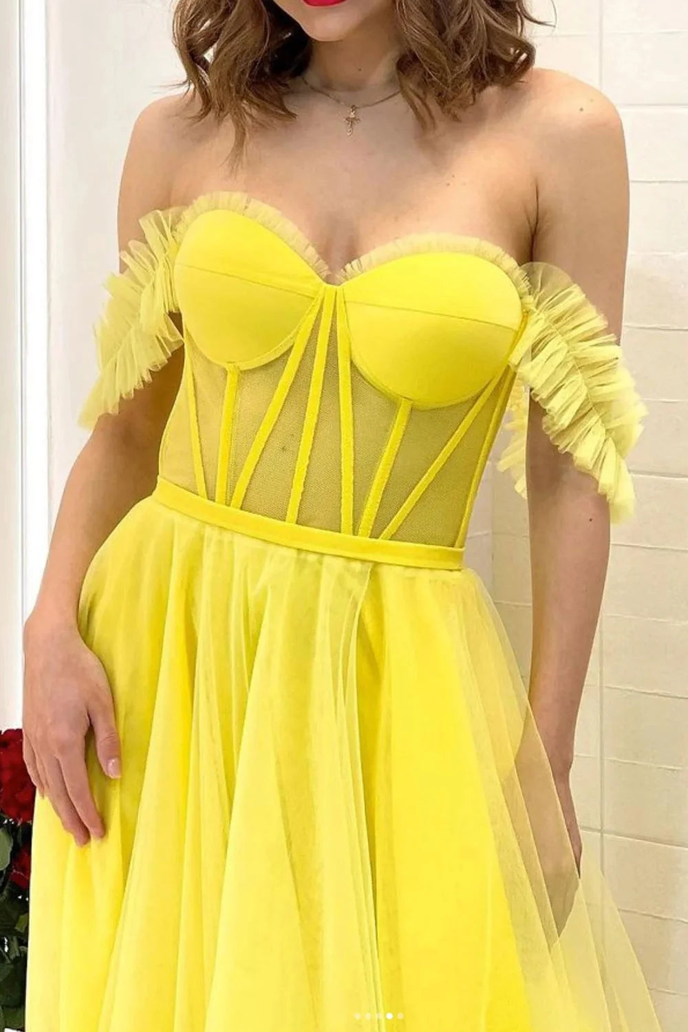 Lexie | Off-the-Shoulder Yellow A-Line Corset Prom Dress