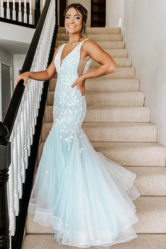 Mint Green V-Neck Trumpet Prom Dress with Appliqué