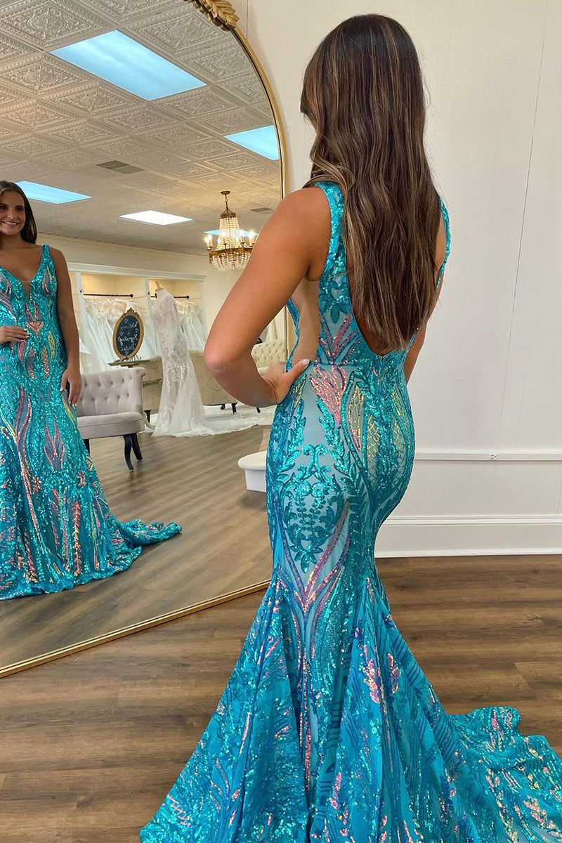 Charming Mermaid V Neck Teal Sequins Long Prom Dresses LD070827