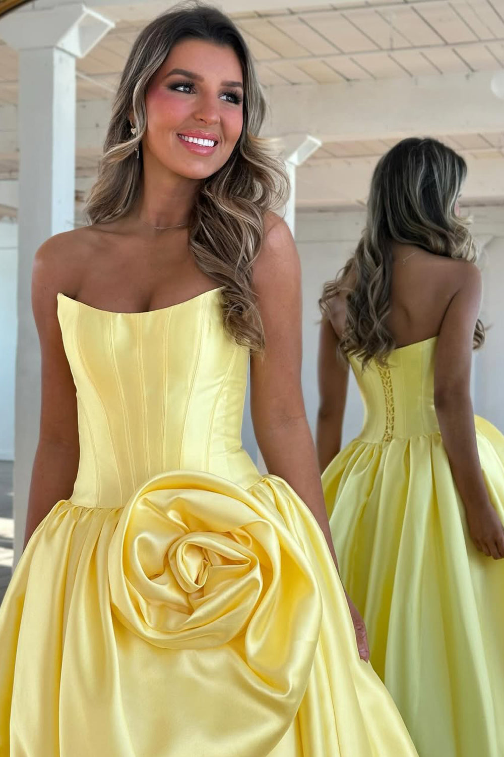 A-Line Strapless Red Satin Prom Dresses with Handmade Flower LD16012707