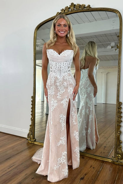 Mermaid Strapless Sweetheart Yellow Corset Appliques Long Prom Dresses with Slit LD26012904