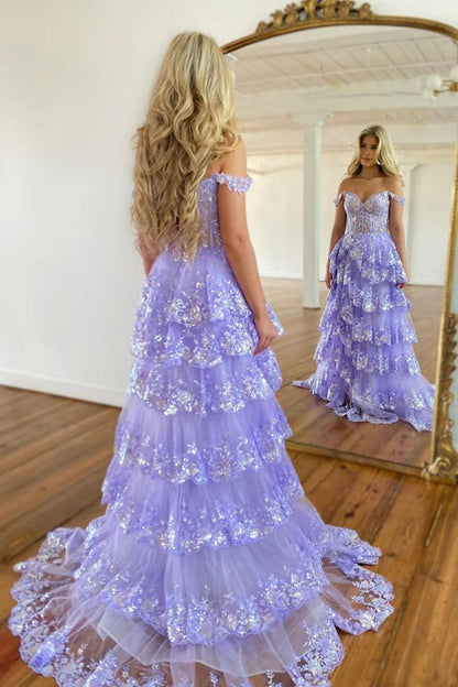 Fashionable Light Blue Off-the-Shoulder Ball Gown Prom Dress with Tiered Skirt and Slit
