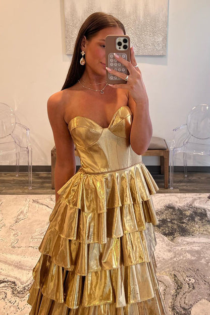 Cute Sweetheart Gold Ruffle Tiered Satin Long Prom Dresses LD062595