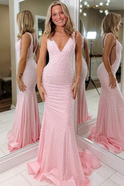 Glitter Mermaid V Neck Light Pink Beaded Long Prom Dresses LD16011306