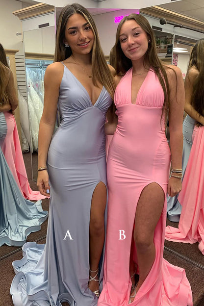 Charming Mermaid V-Neck Pink Elastic Satin Prom Dress with Backless Design