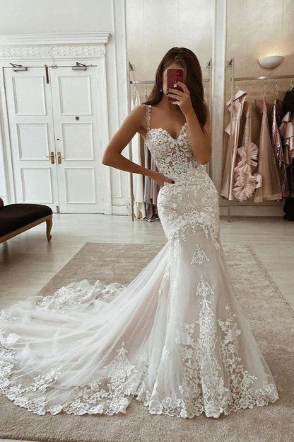 Elegant Mermaid Sweetheart Tulle Wedding Dresses with Appliques LD062537