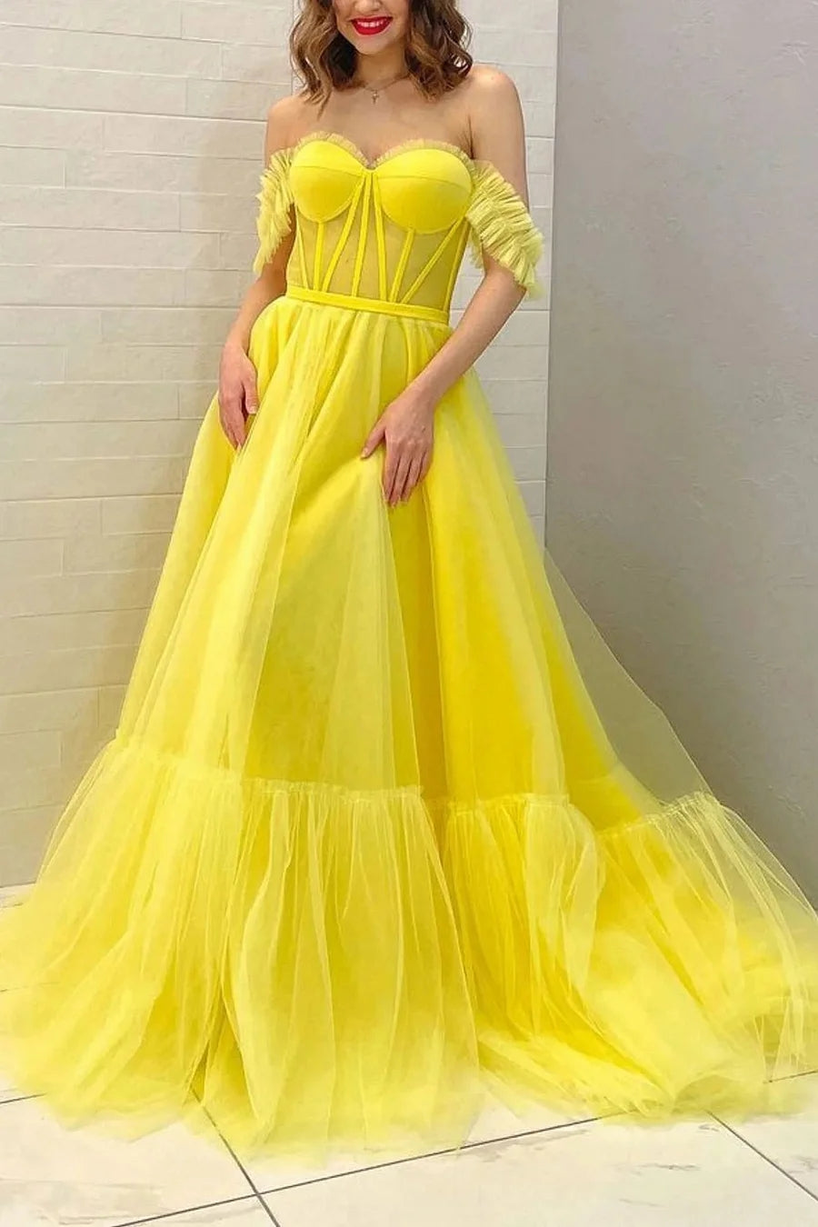 Lexie | Off-the-Shoulder Yellow A-Line Corset Prom Dress