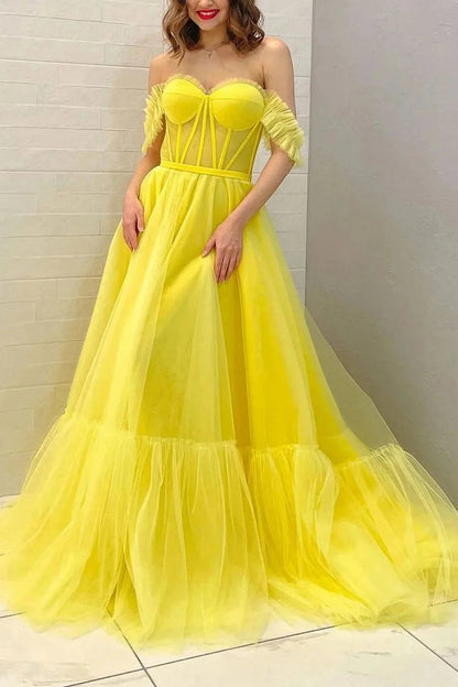 Lexie | Off-the-Shoulder Yellow A-Line Corset Prom Dress